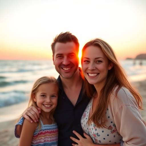 Outdoor portrait of a family smiling at the camera during a sunset session at the beach.