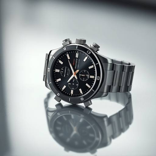Product photography of a luxury watch on a sleek surface with professional lighting and depth of field